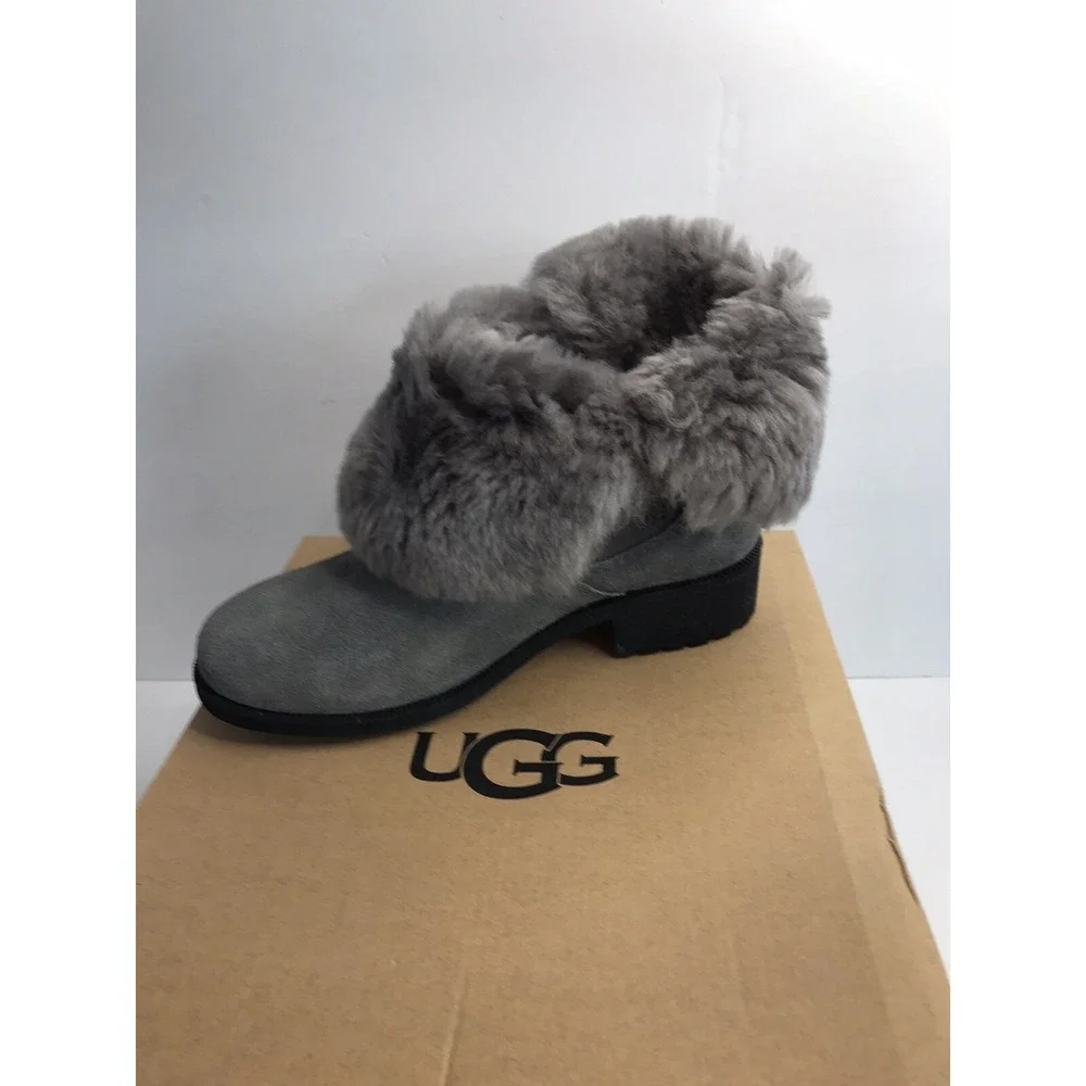 Women's ugg bodie charcoal grey faux fur lined buckle water proof boot‎ size 6